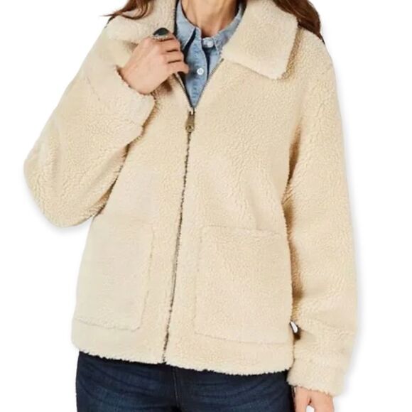 Off White Sherpa Coat Heavy Weight Zip Up Front Pockets Winter Teddy Coat NEW - Picture 3 of 4
